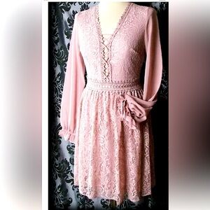 Rose lace TopShop dress with lace-up details - NWOT, M